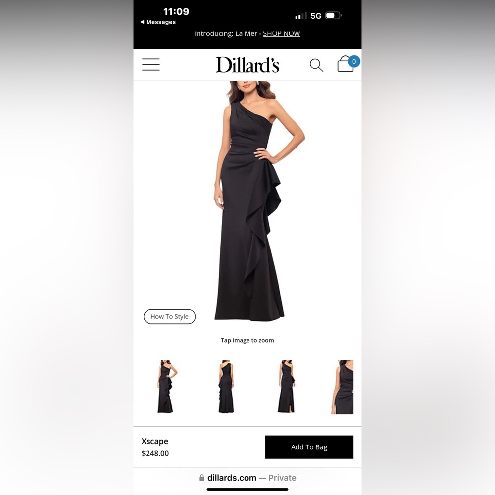 Xscape one shoulder black gown with leg slit